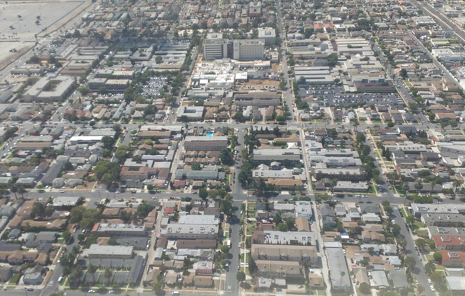 Aerial view of apartment buildings in South Los Angeles