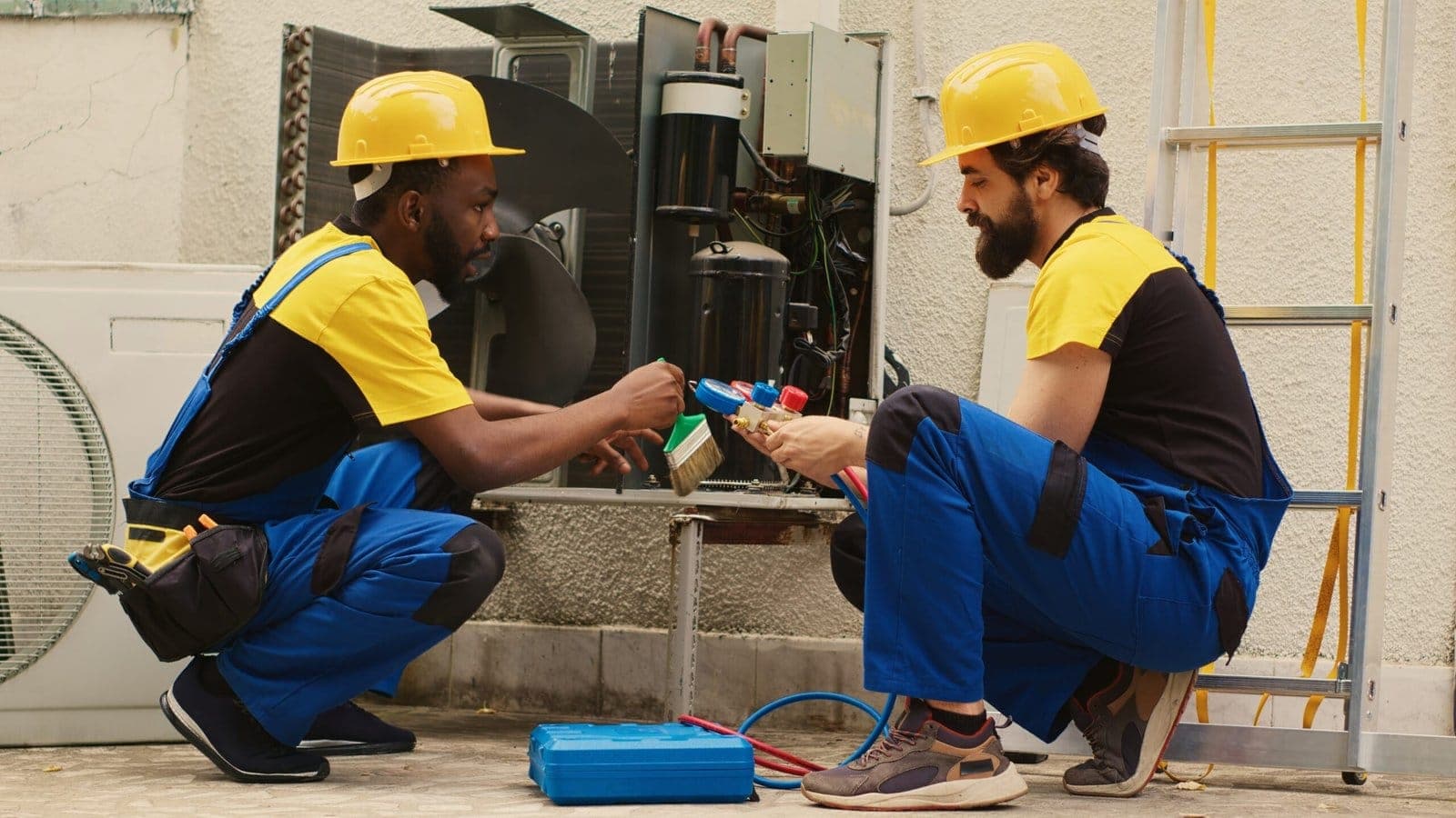 Two HVAC technicians servicing an outdoor air conditioning unit